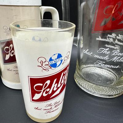 Vintage Schlitz Beer Barware Lot – Pitcher, Glass Mug, Tumblers & Plastic Steins