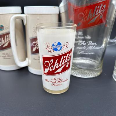 Vintage Schlitz Beer Barware Lot – Pitcher, Glass Mug, Tumblers & Plastic Steins