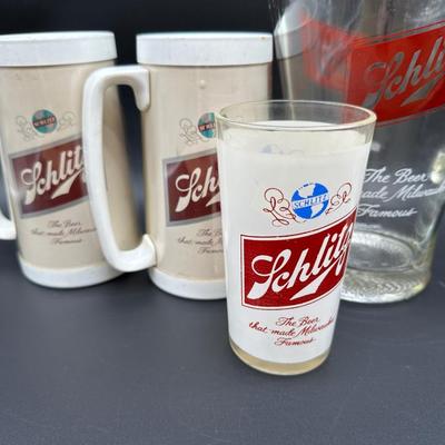 Vintage Schlitz Beer Barware Lot – Pitcher, Glass Mug, Tumblers & Plastic Steins