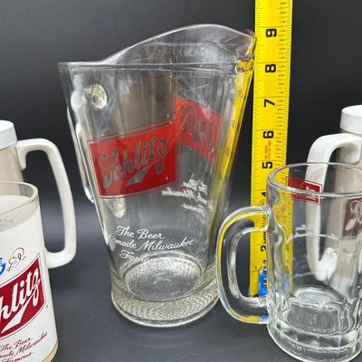 Vintage Schlitz Beer Barware Lot – Pitcher, Glass Mug, Tumblers & Plastic Steins