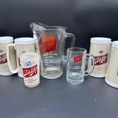 Vintage Schlitz Beer Barware Lot – Pitcher, Glass Mug, Tumblers & Plastic Steins