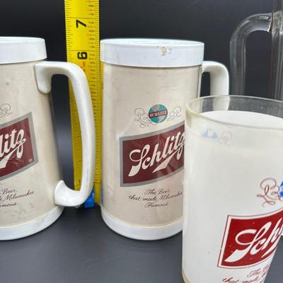 Vintage Schlitz Beer Barware Lot – Pitcher, Glass Mug, Tumblers & Plastic Steins