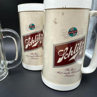 Vintage Schlitz Beer Barware Lot – Pitcher, Glass Mug, Tumblers & Plastic Steins