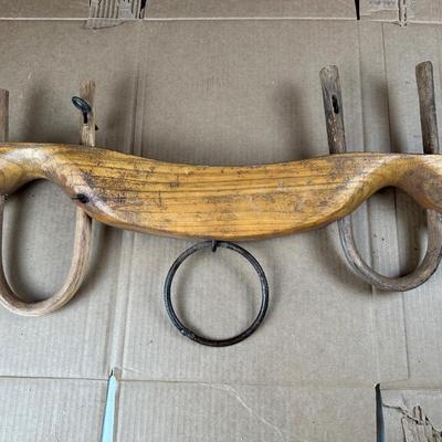Antique Hand-Carved Wooden Ox / Mule Yoke w/ Iron Ring & Bentwood Bows – 32”