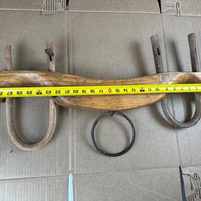 Antique Hand-Carved Wooden Ox / Mule Yoke w/ Iron Ring & Bentwood Bows – 32”