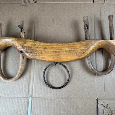 Antique Hand-Carved Wooden Ox / Mule Yoke w/ Iron Ring & Bentwood Bows – 32”