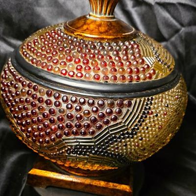 Ornate Resin Mosaic Lidded Jar – Red & Gold Beaded Decorative Accent Tureen