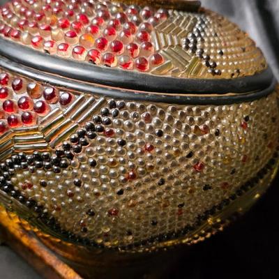 Ornate Resin Mosaic Lidded Jar – Red & Gold Beaded Decorative Accent Tureen