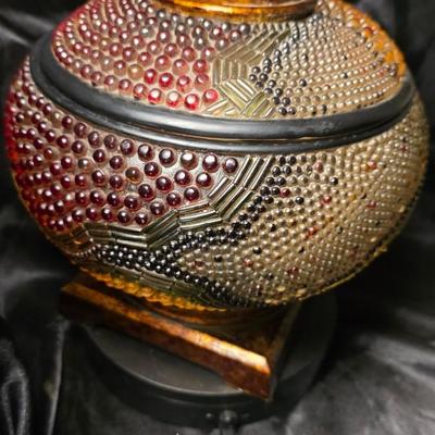 Ornate Resin Mosaic Lidded Jar – Red & Gold Beaded Decorative Accent Tureen