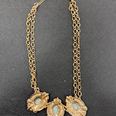 Sale Photo Thumbnail #327: Gold toned Statement Necklace with Three Oval Light Green Pendants