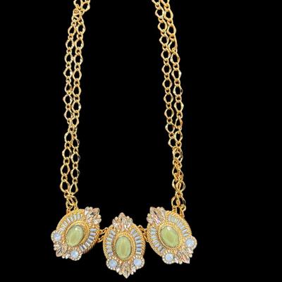 Sale Photo Thumbnail #328: Gold toned Statement Necklace with Three Oval Light Green Pendants