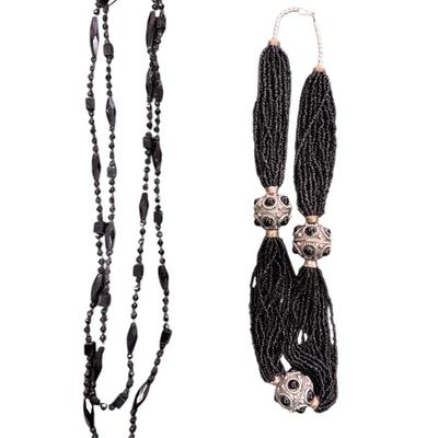 Sale Photo Thumbnail #338: Set of Two Hematite colored beaded necklaces one long single strand and one multi strand tassel