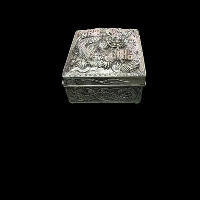 Sale Photo Thumbnail #356: Vintage Japanese Silver Toned Dragon Box or Trinket Box With Wooden Liner
