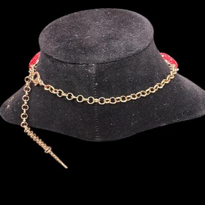 Sale Photo Thumbnail #373: Gold Toned Statement Necklace with red sparkly cabochons