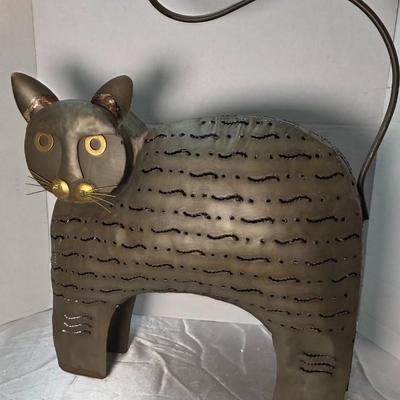 Vintage Brutalist Metal Cat Candle Lantern Sculpture – Folk Art Votive Decor