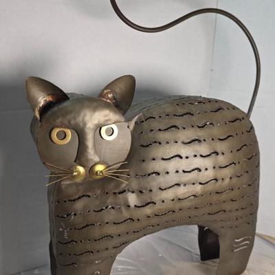 Vintage Brutalist Metal Cat Candle Lantern Sculpture – Folk Art Votive Decor