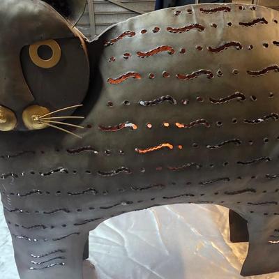Vintage Brutalist Metal Cat Candle Lantern Sculpture – Folk Art Votive Decor