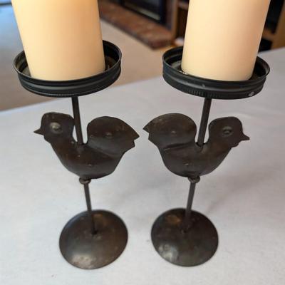Sale Photo Thumbnail #101: Set of 2 metal chicken candle holders w/ candles
10.5" tall x 4" base