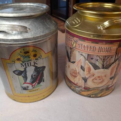 Sale Photo Thumbnail #127: Vintage Houston Harvest decorative tin milk cans 
14" tall x 11" wide