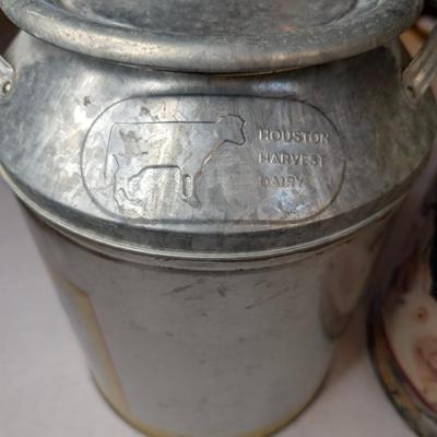 Sale Photo Thumbnail #128: Vintage Houston Harvest decorative tin milk cans 
14" tall x 11" wide