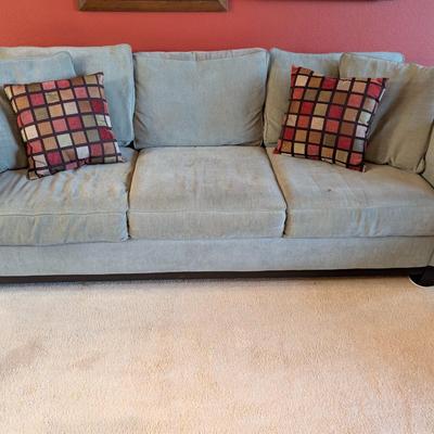 Sale Photo Thumbnail #144: Green toned sofa with two throw pillows

88" Long x 2' high x 38" deep at the seat