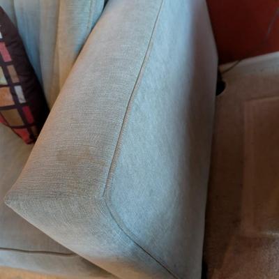 Sale Photo Thumbnail #145: Green toned sofa with two throw pillows

88" Long x 2' high x 38" deep at the seat