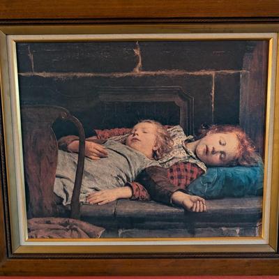 Sale Photo Thumbnail #149: Albert Anker "Two Sleeping Girls on the Stove Bench" framed reproduction 
29x25 with frame