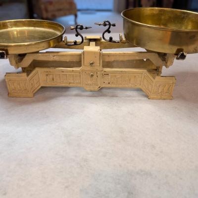 Sale Photo Thumbnail #53: Vintage cast iron and brass balance scale 
base: 14x4
bowls: 7.5x2 and 7.5x1