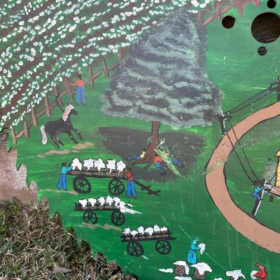 Large Folk Art Painted Circular Saw Blade – Southern Farm Scene – Signed & Dated 1987