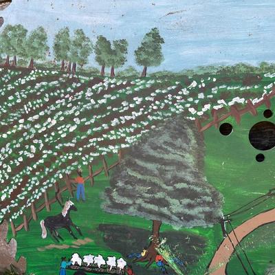 Large Folk Art Painted Circular Saw Blade – Southern Farm Scene – Signed & Dated 1987