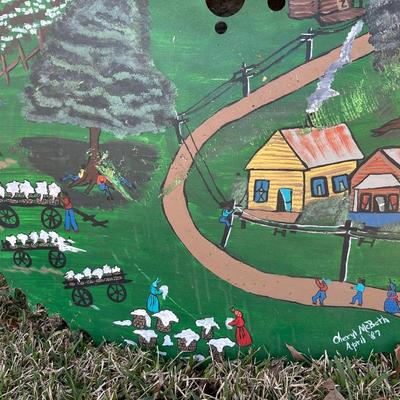 Large Folk Art Painted Circular Saw Blade – Southern Farm Scene – Signed & Dated 1987