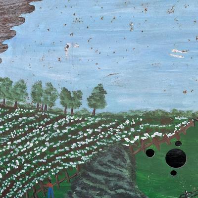 Large Folk Art Painted Circular Saw Blade – Southern Farm Scene – Signed & Dated 1987