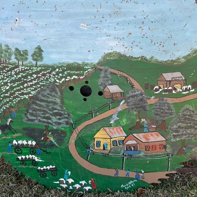Large Folk Art Painted Circular Saw Blade – Southern Farm Scene – Signed & Dated 1987