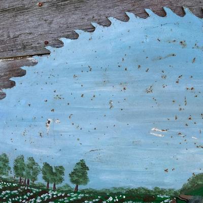 Large Folk Art Painted Circular Saw Blade – Southern Farm Scene – Signed & Dated 1987