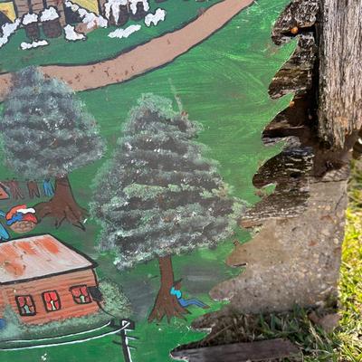 Large Folk Art Painted Circular Saw Blade – Southern Farm Scene – Signed & Dated 1987