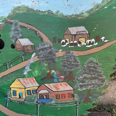 Large Folk Art Painted Circular Saw Blade – Southern Farm Scene – Signed & Dated 1987