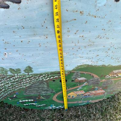 Large Folk Art Painted Circular Saw Blade – Southern Farm Scene – Signed & Dated 1987