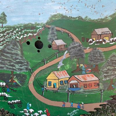 Large Folk Art Painted Circular Saw Blade – Southern Farm Scene – Signed & Dated 1987