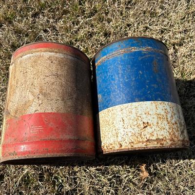 Vintage American Oil Company & Lion Motor Oil Cans – Heavy Duty 5-Gallon Oil Cans (2-Piece Lot)