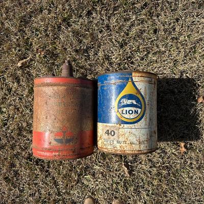 Vintage American Oil Company & Lion Motor Oil Cans – Heavy Duty 5-Gallon Oil Cans (2-Piece Lot)