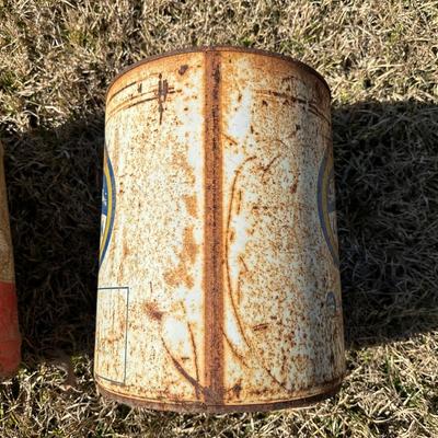 Vintage American Oil Company & Lion Motor Oil Cans – Heavy Duty 5-Gallon Oil Cans (2-Piece Lot)