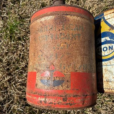 Vintage American Oil Company & Lion Motor Oil Cans – Heavy Duty 5-Gallon Oil Cans (2-Piece Lot)