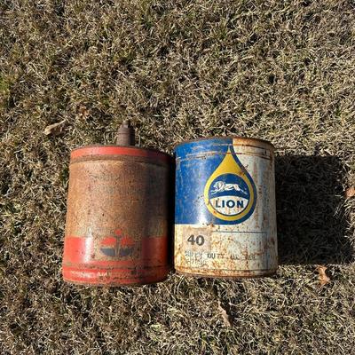Vintage American Oil Company & Lion Motor Oil Cans – Heavy Duty 5-Gallon Oil Cans (2-Piece Lot)