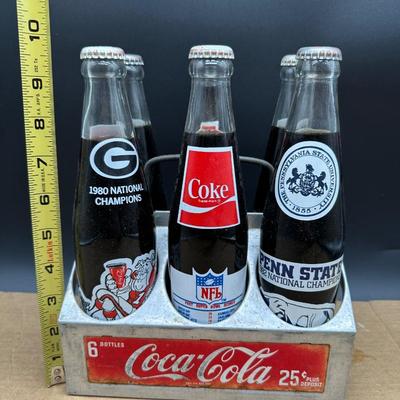 Vintage Coca-Cola College Football & Super Bowl Glass Bottle Lot w/ Carrier