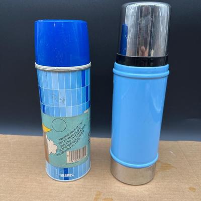 Vintage Thermos Pair – Blue “Bench Warmer” Vacuum Bottle & Stanley Steel Thermos w/ Cups