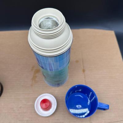 Vintage Thermos Pair – Blue “Bench Warmer” Vacuum Bottle & Stanley Steel Thermos w/ Cups