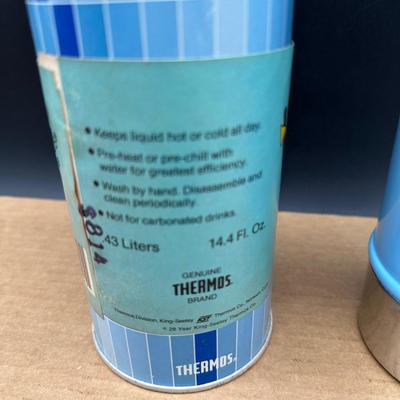Vintage Thermos Pair – Blue “Bench Warmer” Vacuum Bottle & Stanley Steel Thermos w/ Cups