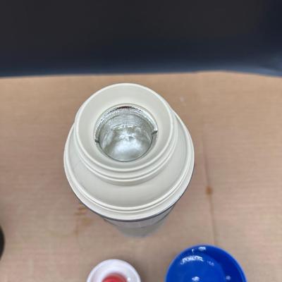 Vintage Thermos Pair – Blue “Bench Warmer” Vacuum Bottle & Stanley Steel Thermos w/ Cups