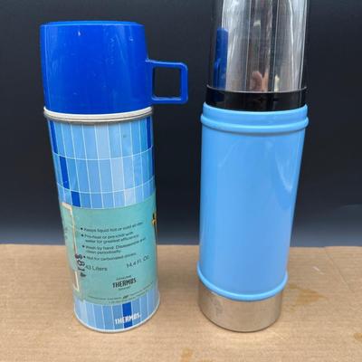 Vintage Thermos Pair – Blue “Bench Warmer” Vacuum Bottle & Stanley Steel Thermos w/ Cups