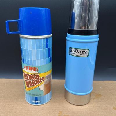 Vintage Thermos Pair – Blue “Bench Warmer” Vacuum Bottle & Stanley Steel Thermos w/ Cups